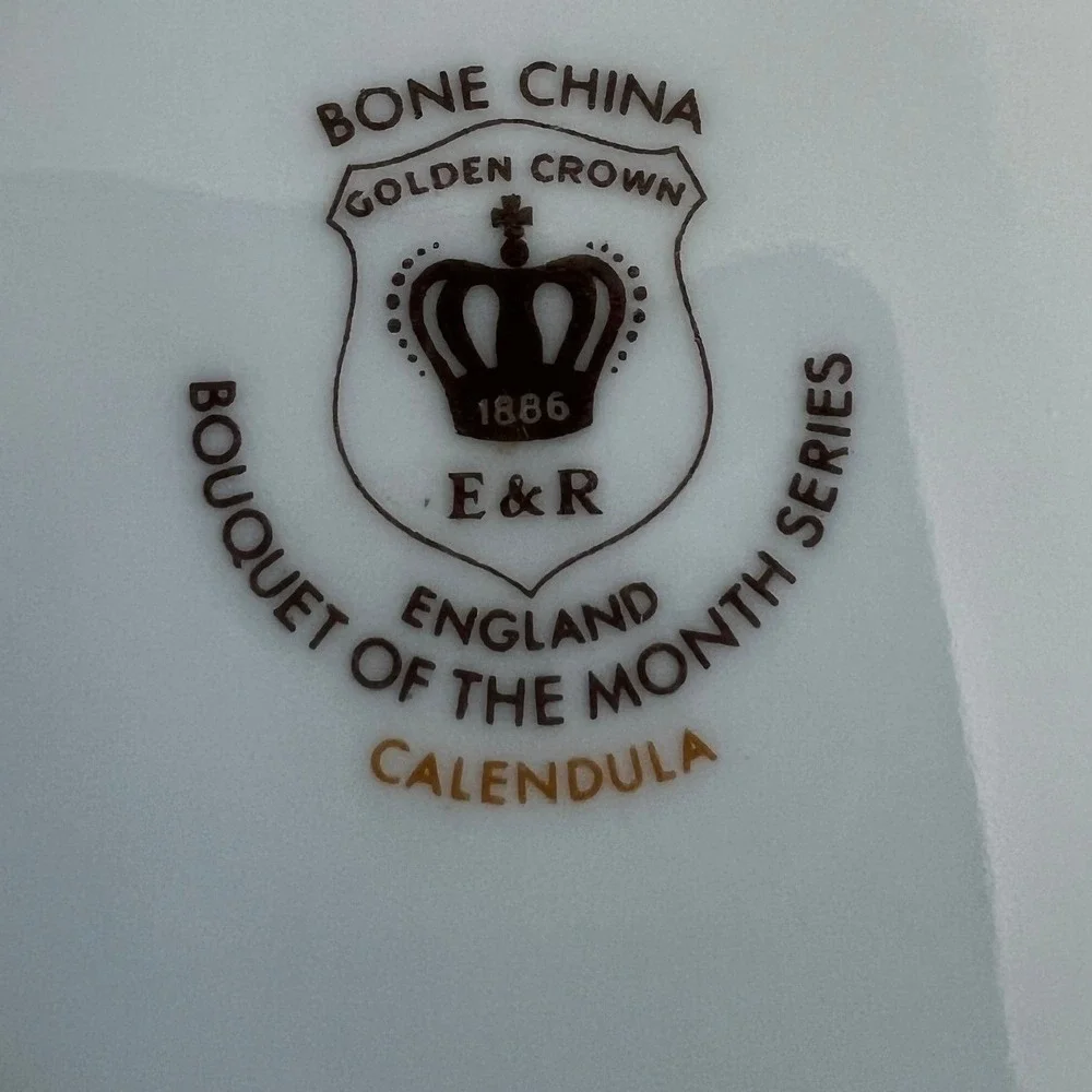 E&R Golden Crown Bone China October Bouquet of the Month Series Cup & Saucer Vtg